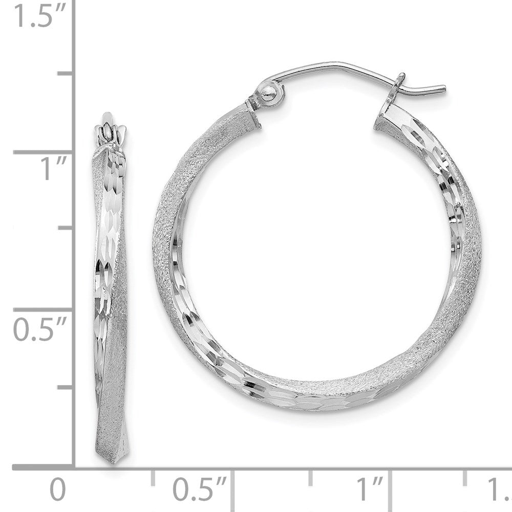 Sterling Silver RH-plated Satin Diamond-cut 2.5x25mm Twisted Hoop Earrings