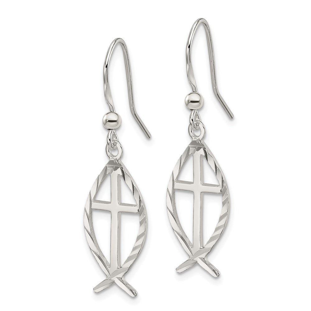 Sterling Silver Polished & D/C Cross & Ichthus Dangle Earrings