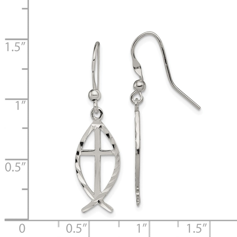 Sterling Silver Polished & D/C Cross & Ichthus Dangle Earrings