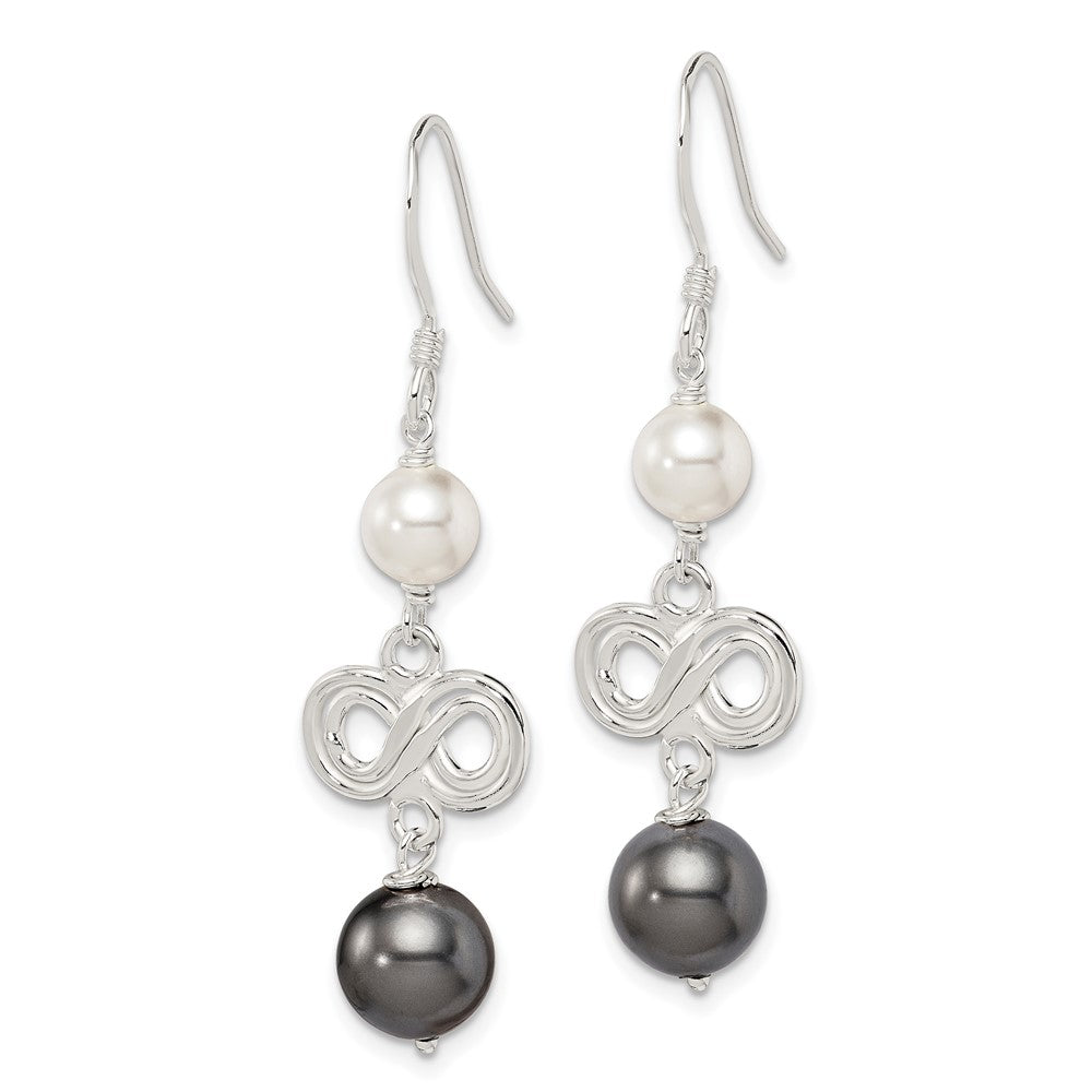 Sterling Silver Polished Grey & White Glass Pearl Infinity Dangle Earrings