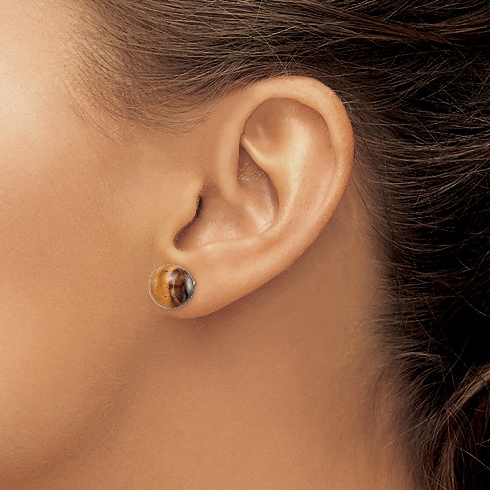 Sterling Silver Rhod-pltd 10mm Tiger's Eye Button Post Earrings