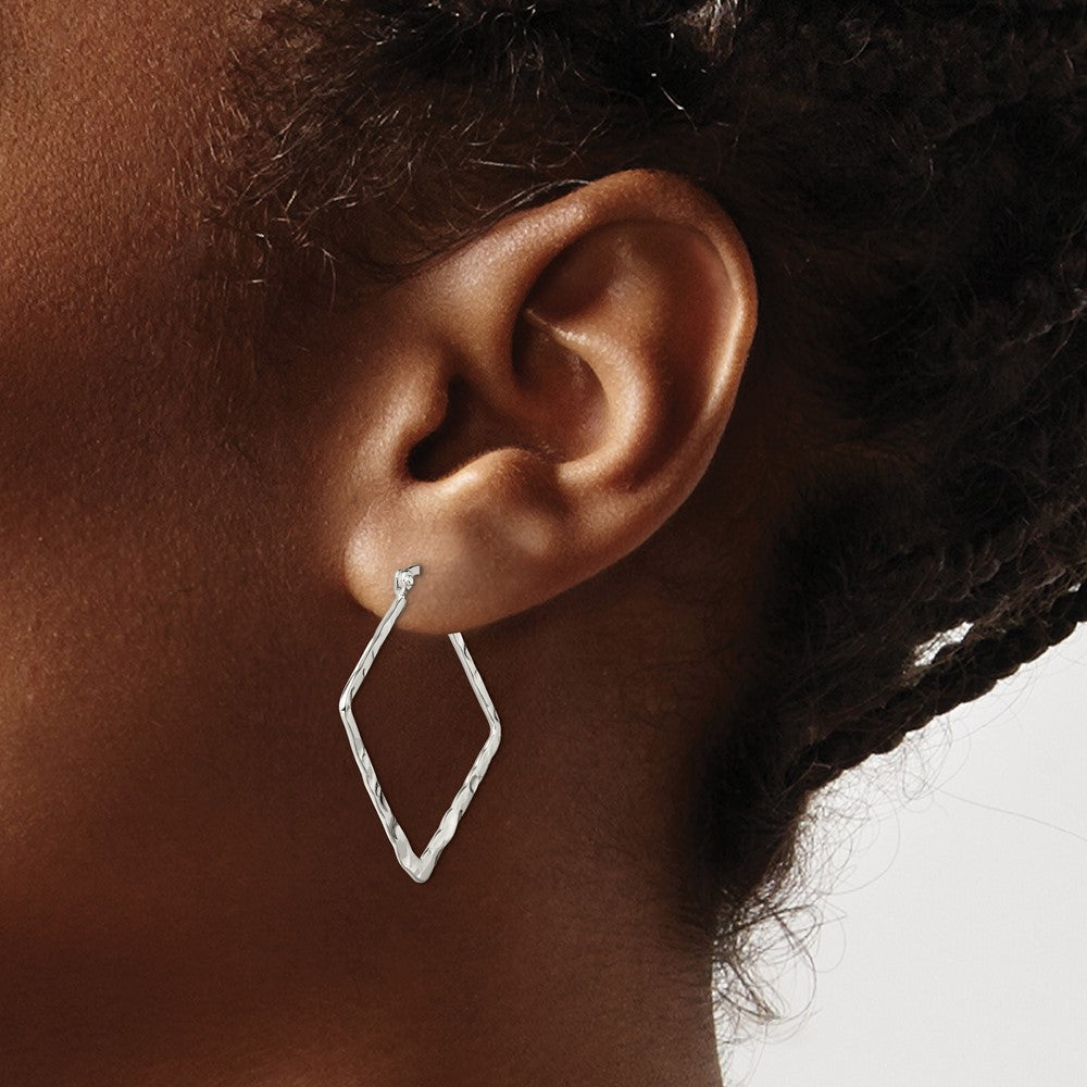 Sterling Silver Rhod-pltd Polished/Hammered Square Hoop Earrings