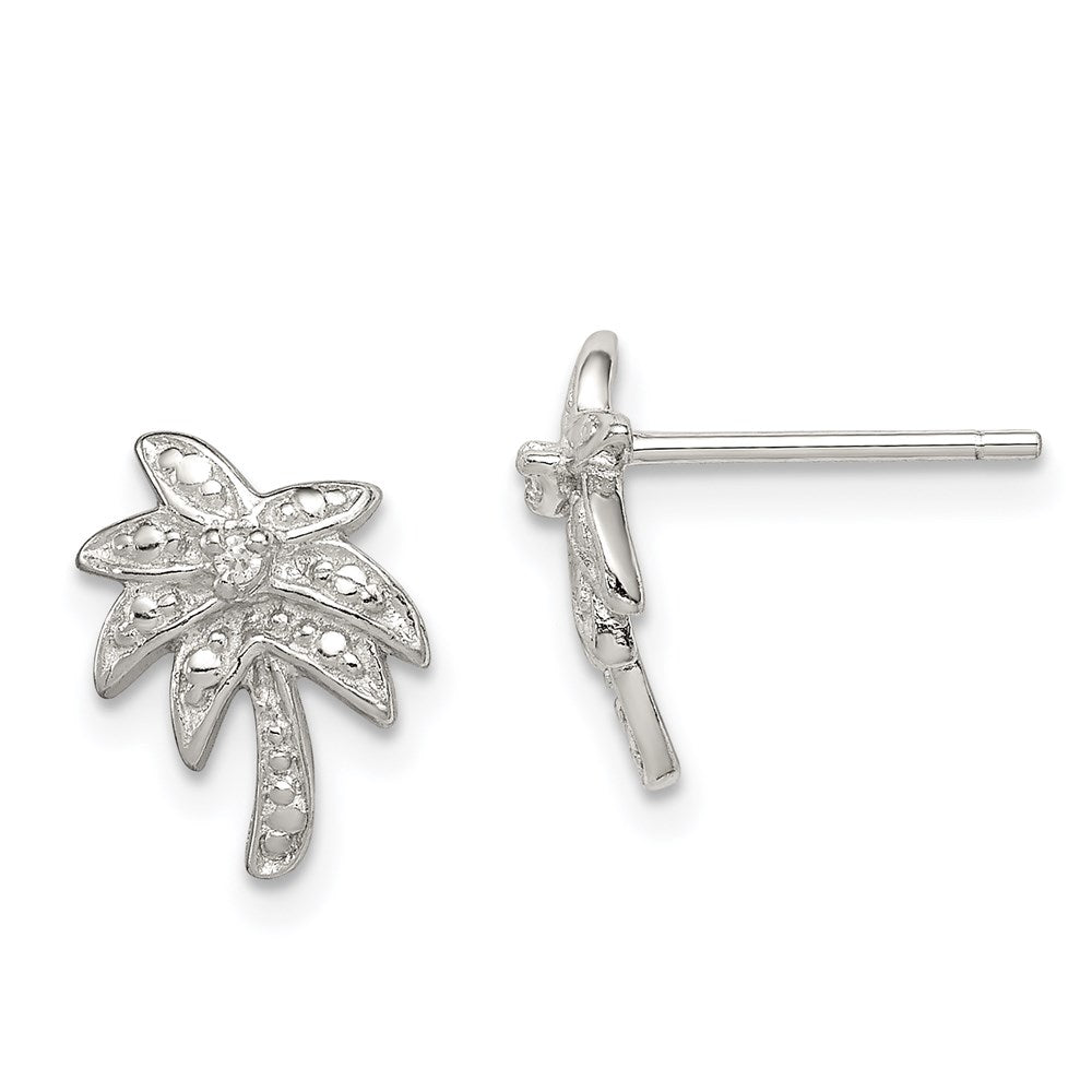 Sterling Silver Rhodium-plated CZ Palm Tree Post Earrings
