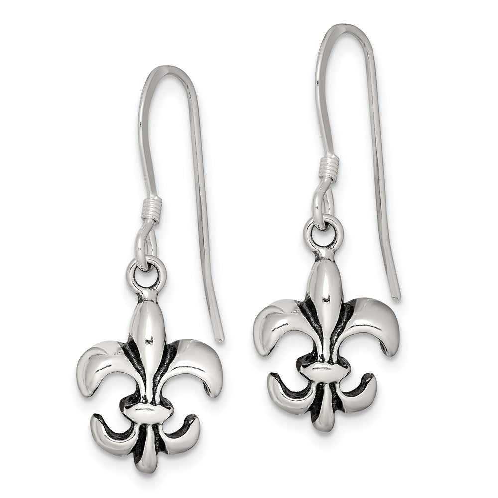Sterling Silver Polished & Antiqued Fleur de Lis Dangle Earrings