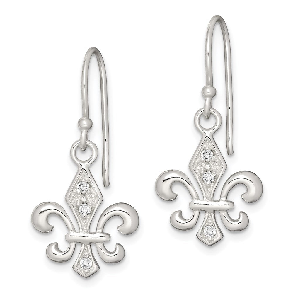 Sterling Silver Polished CZ Fleur de Lis Dangle Earrings