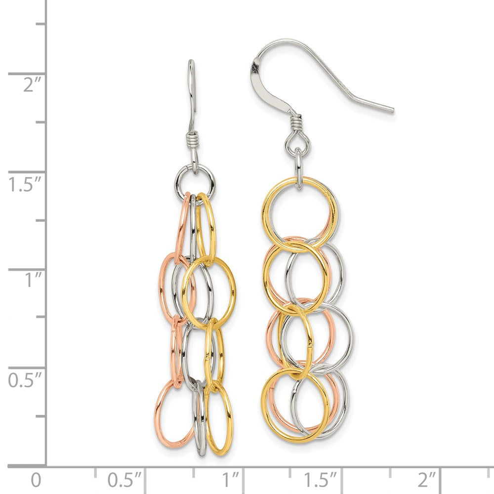Sterling Silver w/ Tri-color Vermeil Polished Circle Link Dangle Earrings