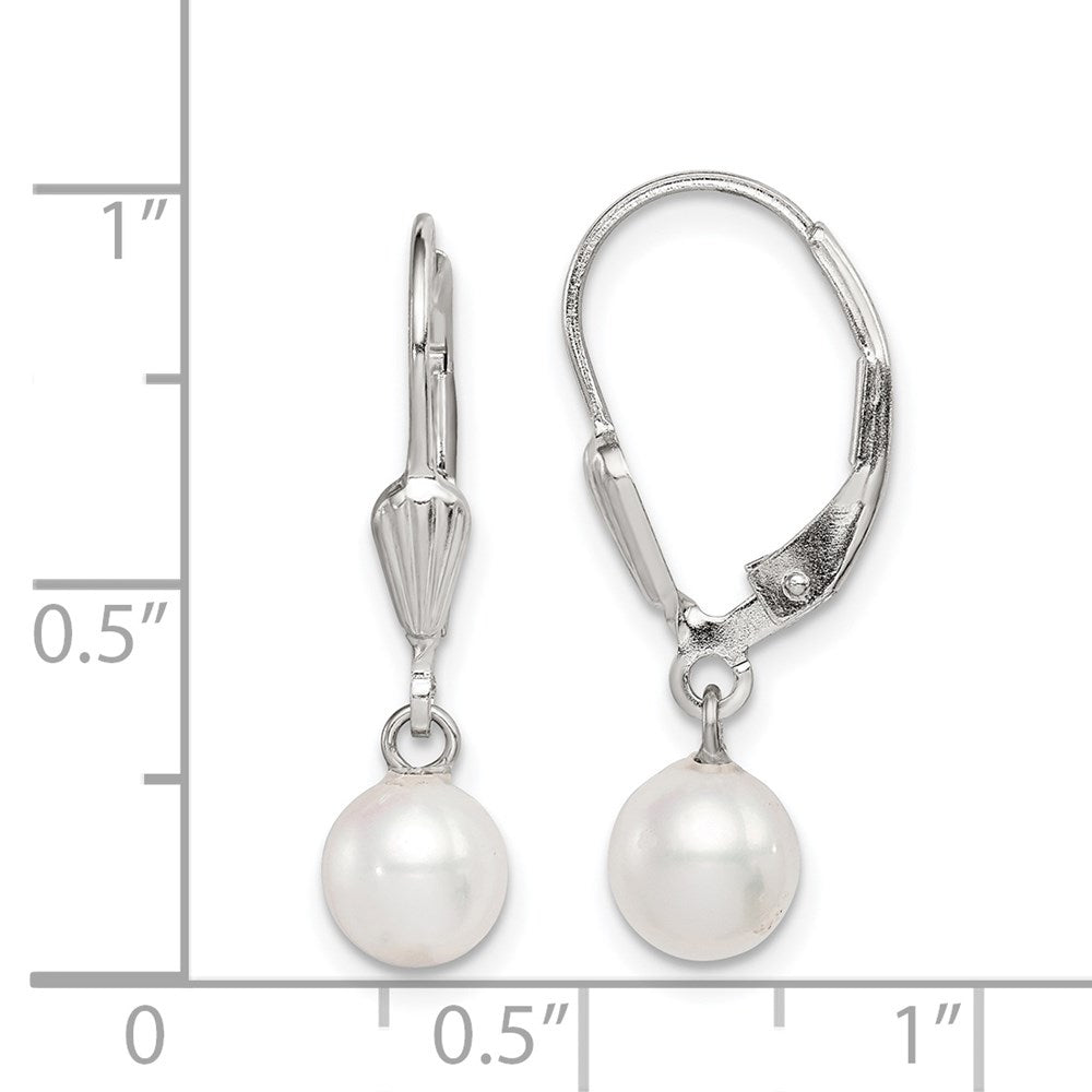 Sterling Silver Rhodium-plated Polished & Textured White 6-7mm Freshwater Cultured Pearl Leverback Dangle Earrings