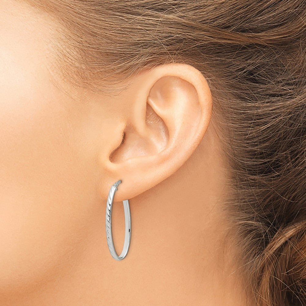 Sterling Silver Rhod-plated Textured 3mm Hollow Oval Hoop Earrings