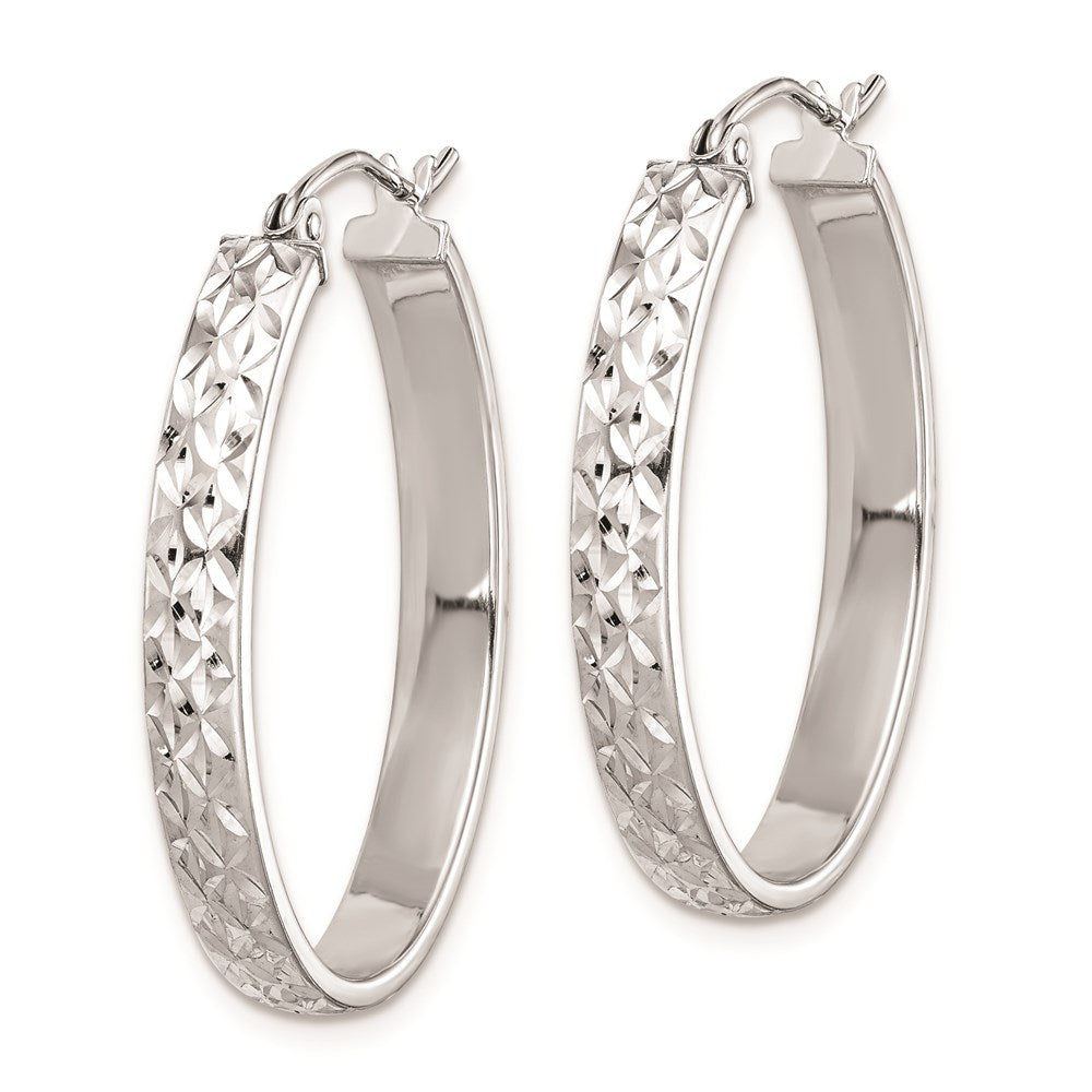 Sterling Silver Rhodium-plated Diamond-cut 4mm Oval Hoop Earrings
