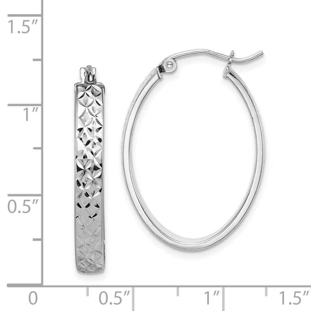 Sterling Silver Rhodium-plated Diamond-cut 4mm Oval Hoop Earrings