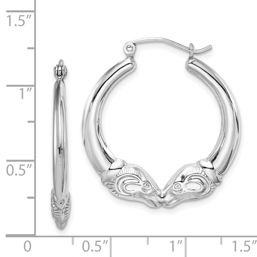 Sterling Silver Rhod-plated Textured Ram Head Round Hoop Earrings