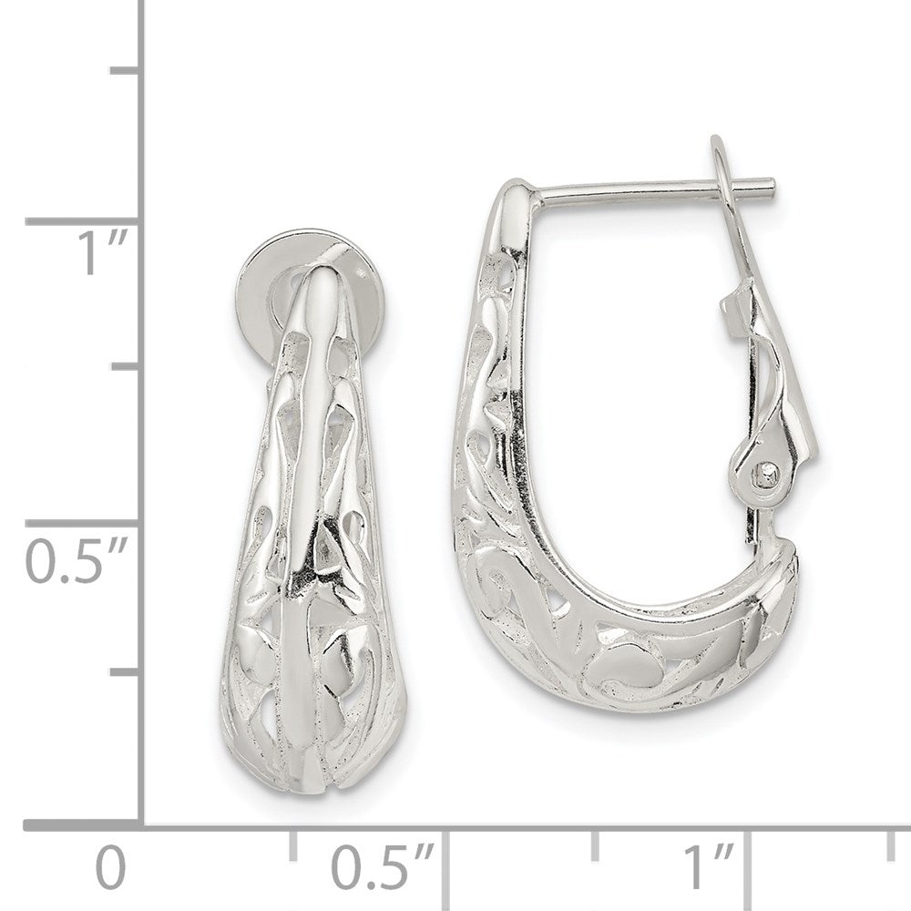 Sterling Silver Polished & Filigree Omega Back J-Hoop Earrings