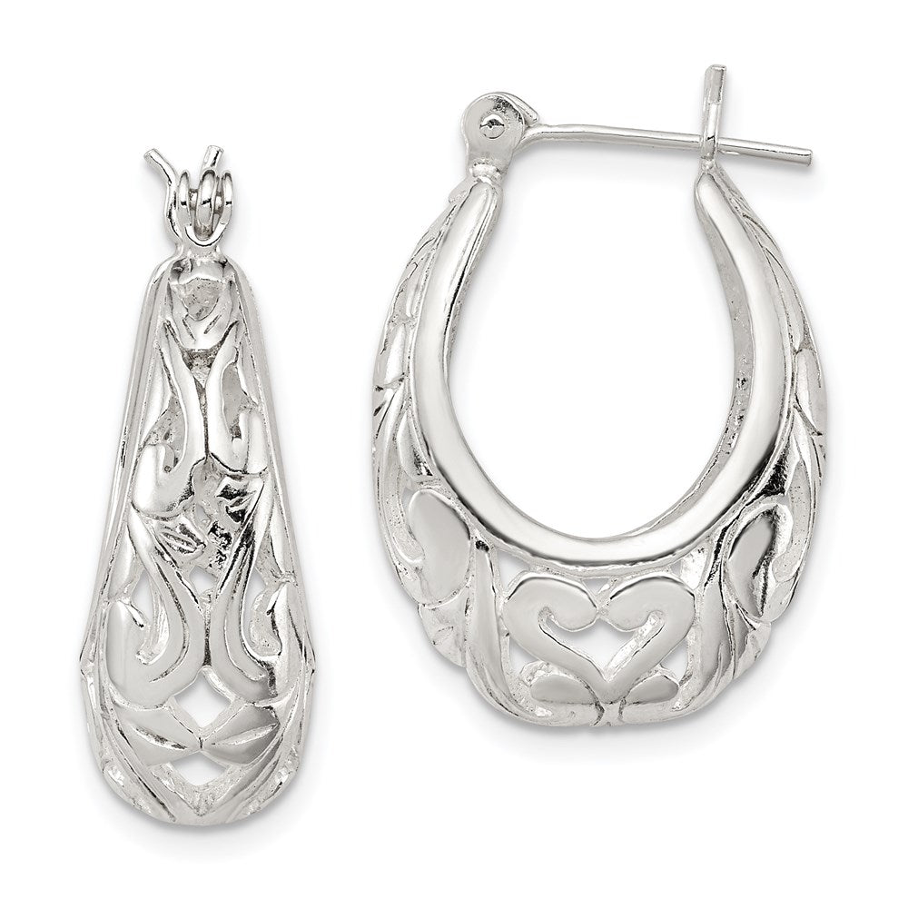 Sterling Silver Polished Filigree Oval Hoop Earrings