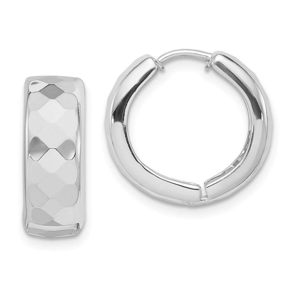 Sterling Silver Rhodium Polished Patterned Hinged Hoop Earrings