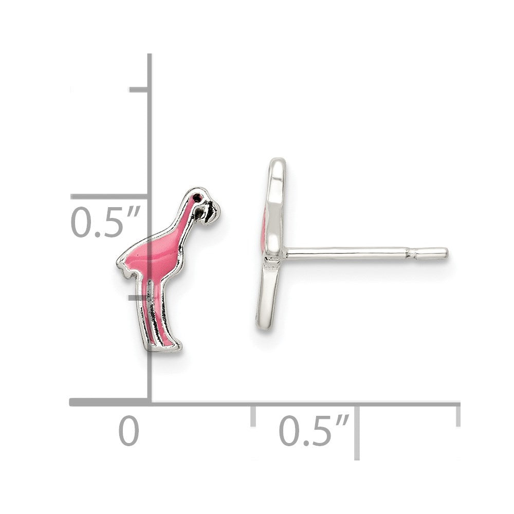 Sterling Silver Polished Pink & Black Enameled Flamingo Post Earrings