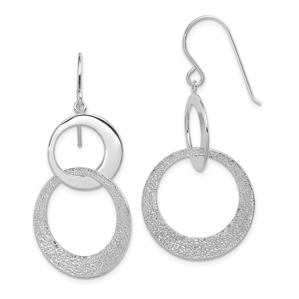 Sterling Silver RH-plated Polished & Textured Interlocking Circle Dangle Ea