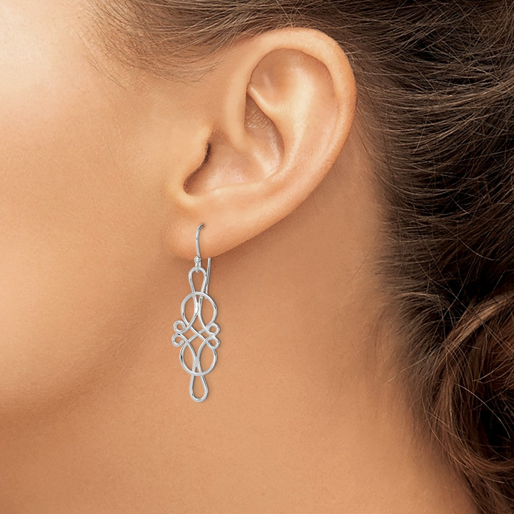 Sterling Silver Rhodium-plated Fancy Knot Design Dangle Earrings