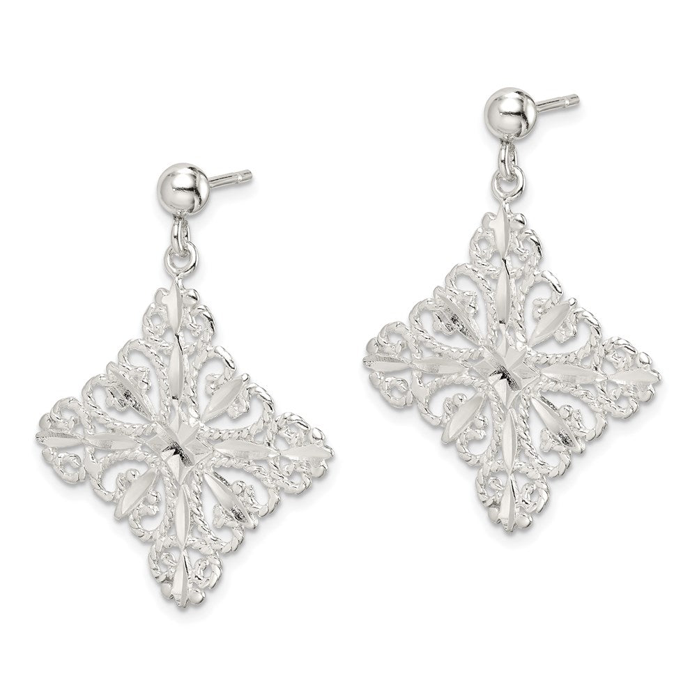 Sterling Silver Polished & Diamond-cut Filigree Square Post Dangle Earrings