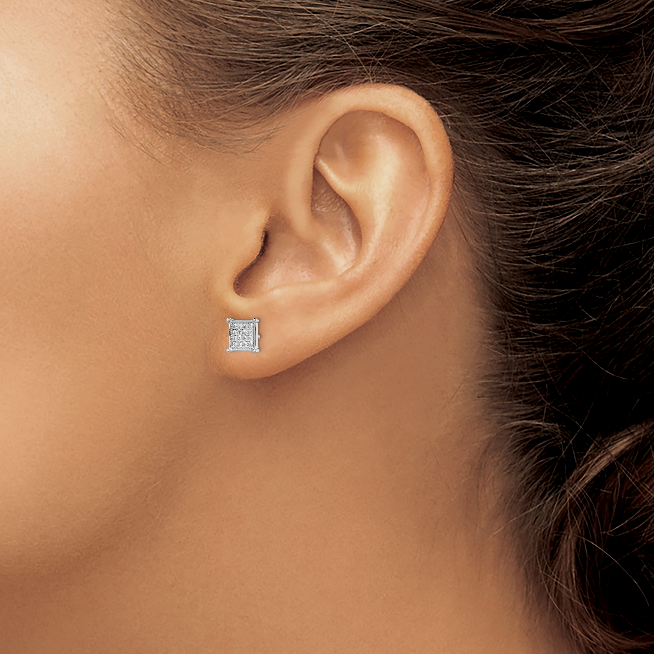 Sterling Silver Rhodium-plated Polished PavÇ CZ Square Post Earrings