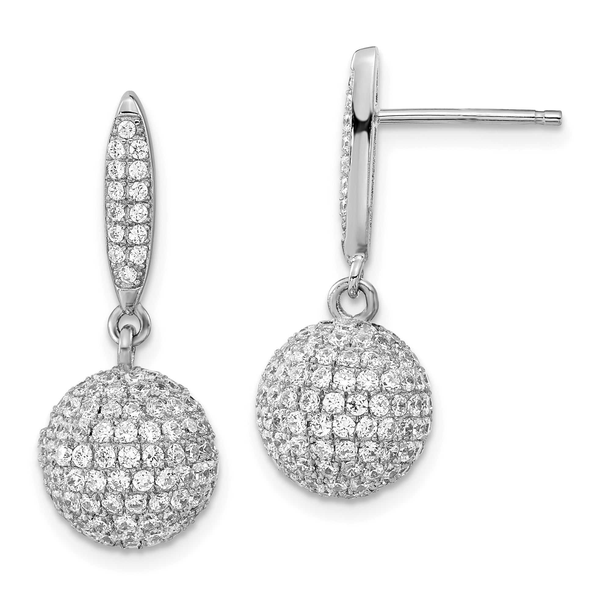 Sterling Silver Rhodium-plated PavÇ CZ 3-D Ball Post Dangle Earrings