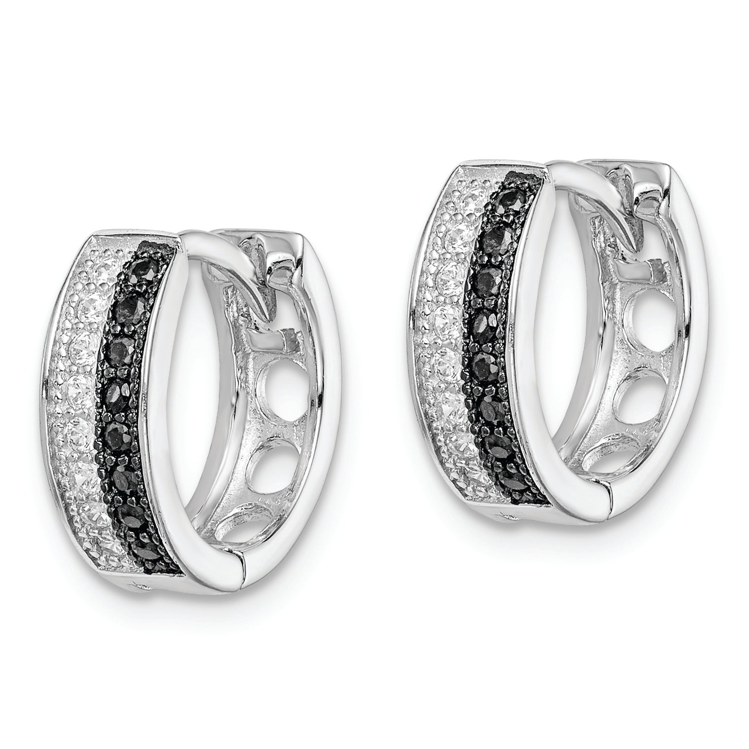 Sterling Silver RH-plated Black & White CZ Hinged Round Hoop Earrings