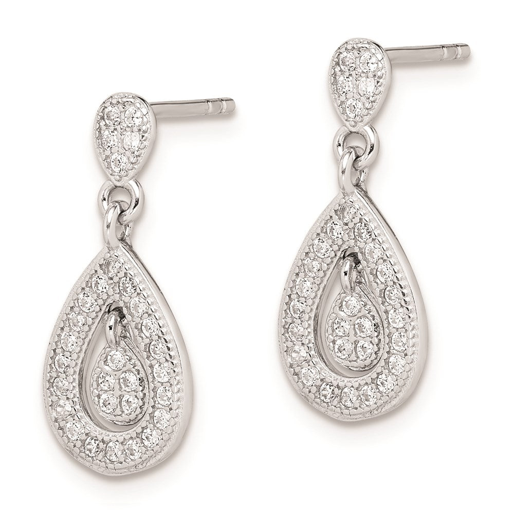 Sterling Silver Rhodium-plated CZ Pav√á Pear Dangle Post Earrings