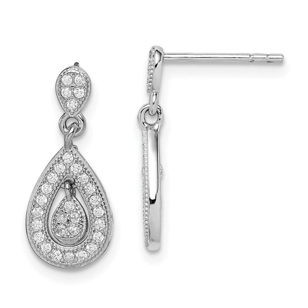 Sterling Silver Rhodium-plated CZ Pav√á Pear Dangle Post Earrings