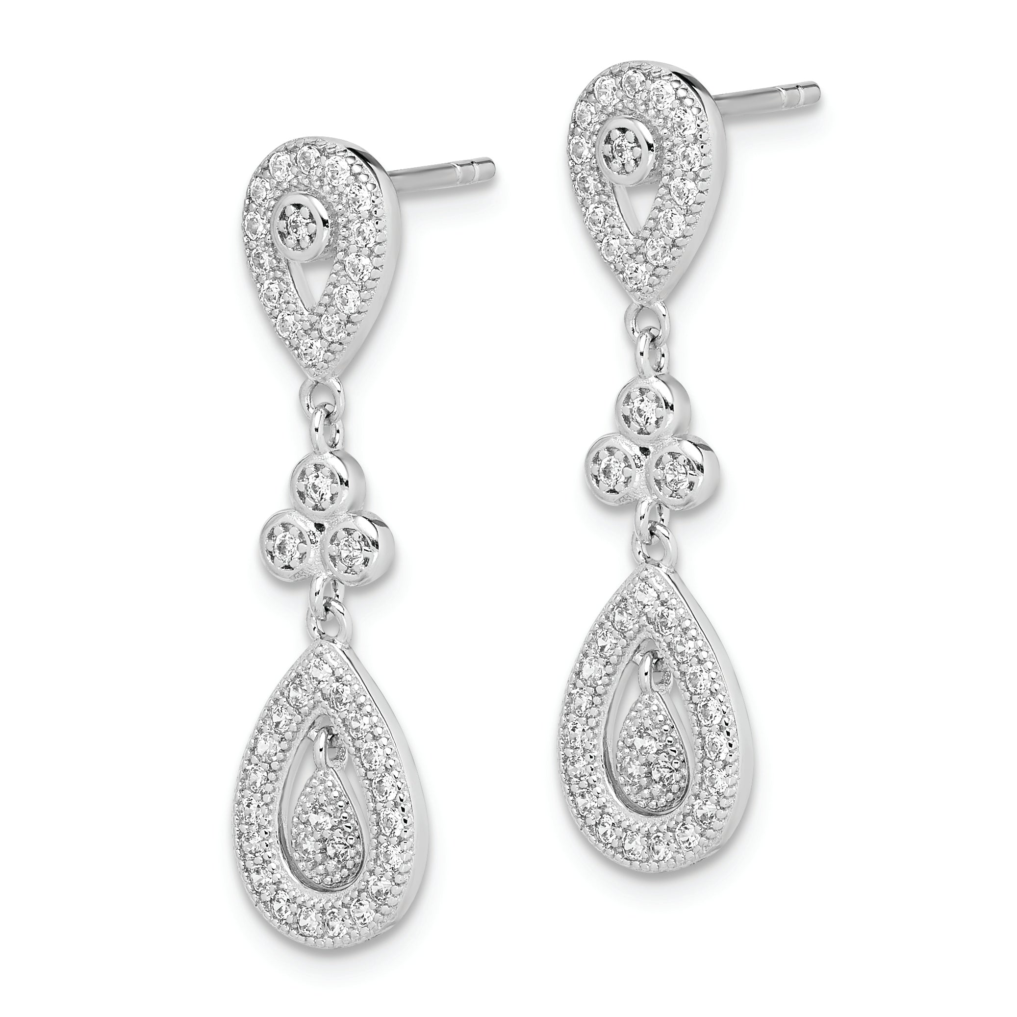 Sterling Silver Rhodium-plated CZ PavÇ Pear Dangle Post Earrings