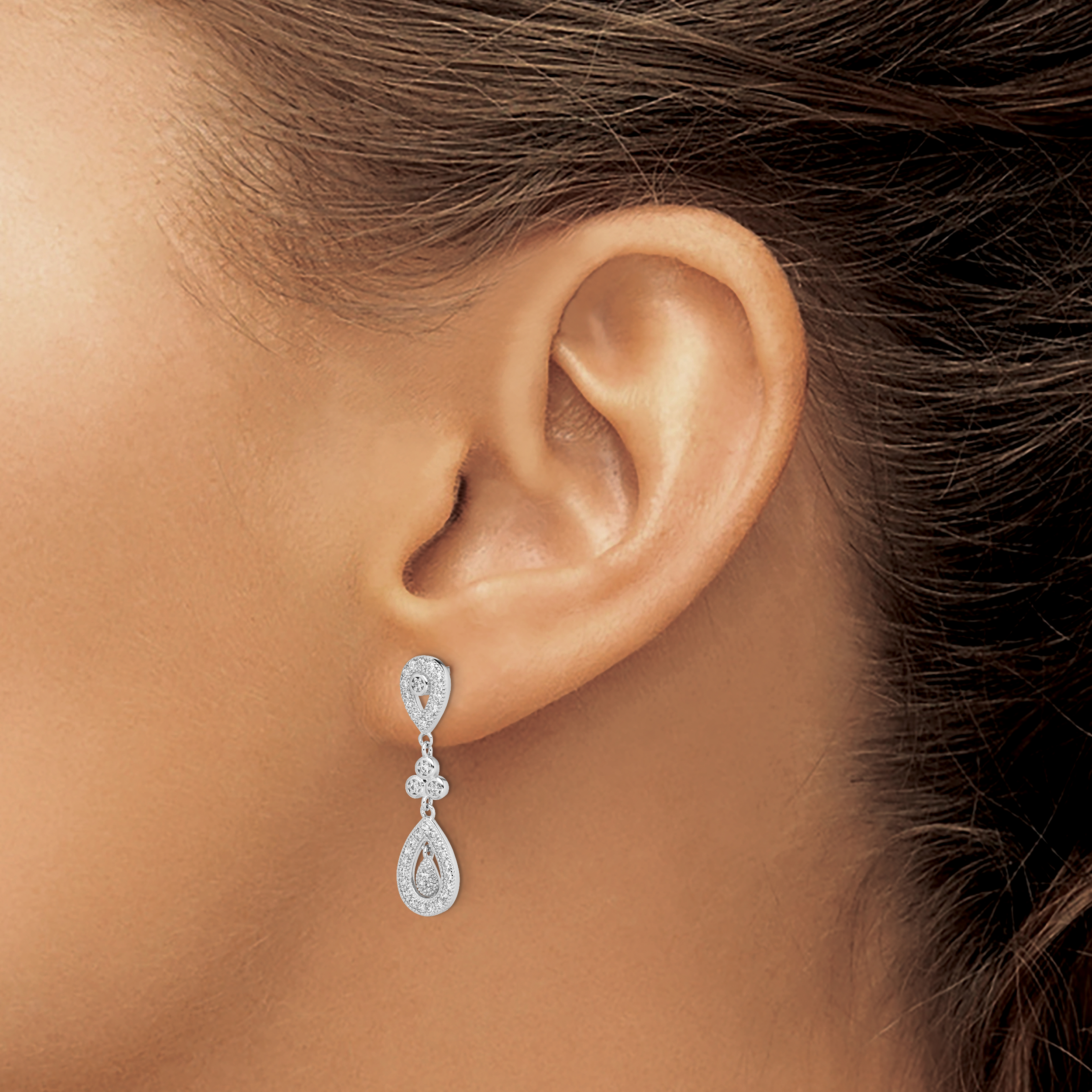Sterling Silver Rhodium-plated CZ PavÇ Pear Dangle Post Earrings