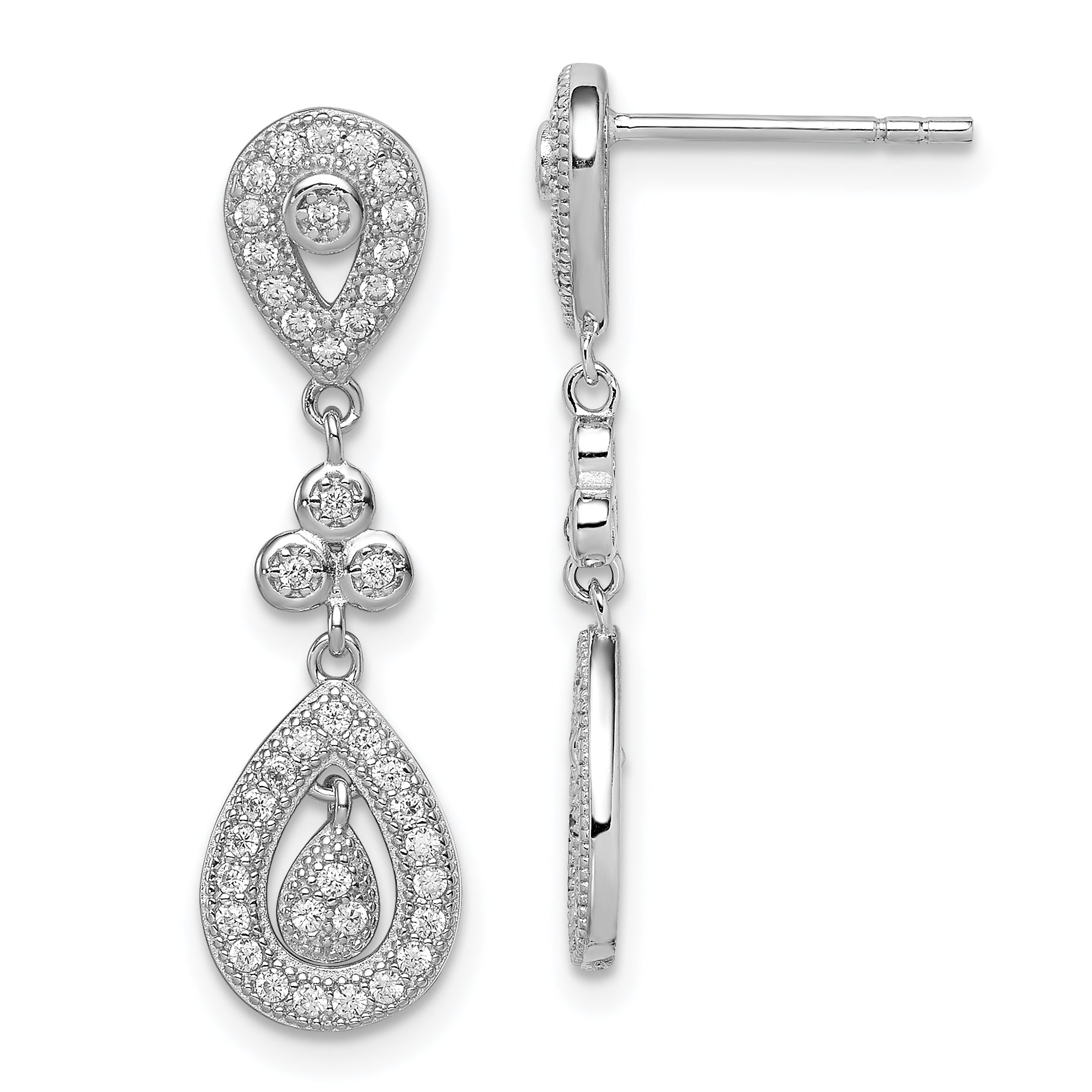 Sterling Silver Rhodium-plated CZ PavÇ Pear Dangle Post Earrings