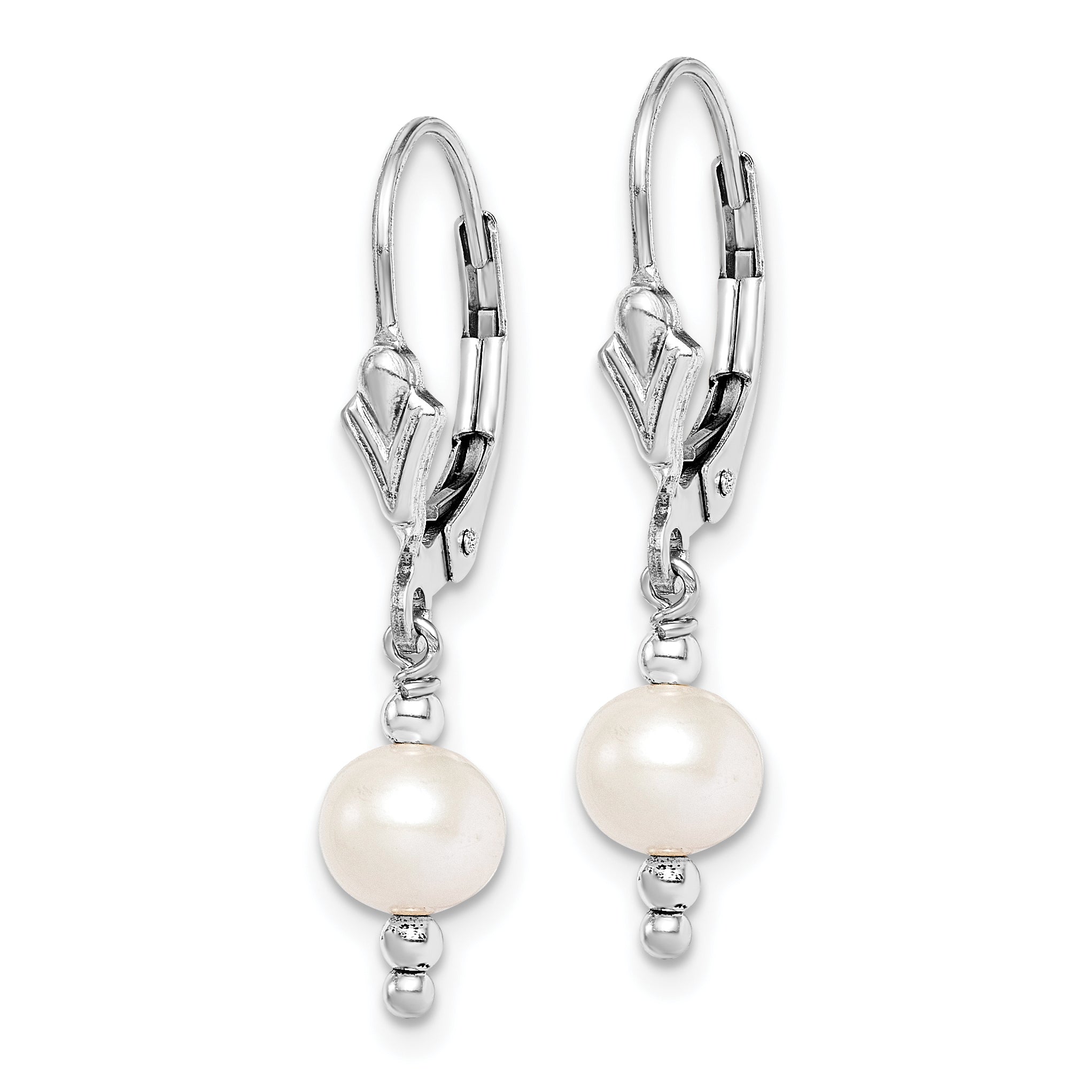 Sterling Silver Rhodium-plated 6-7mm White Semi-Round Freshwater Cultured Pearl Leverback Dangle Earrings