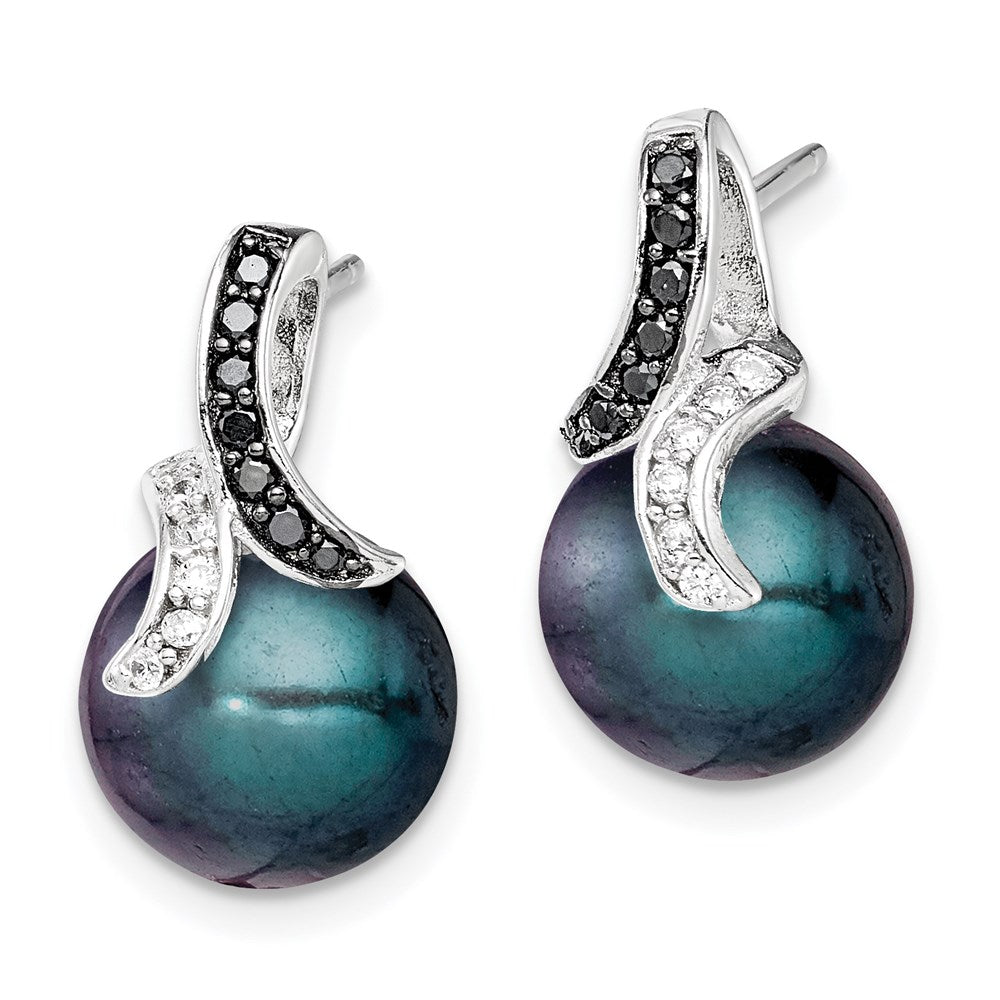 Sterling Silver Polished Black and White CZ with 9-10mm Black Imitation Shell Pearl Post Earrings