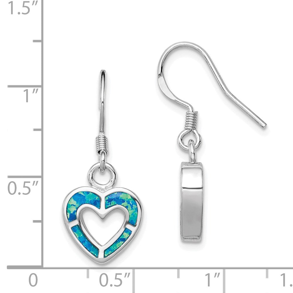 Sterling Silver RH-plated Blue Created Opal Inlay Heart Dangle Earrings