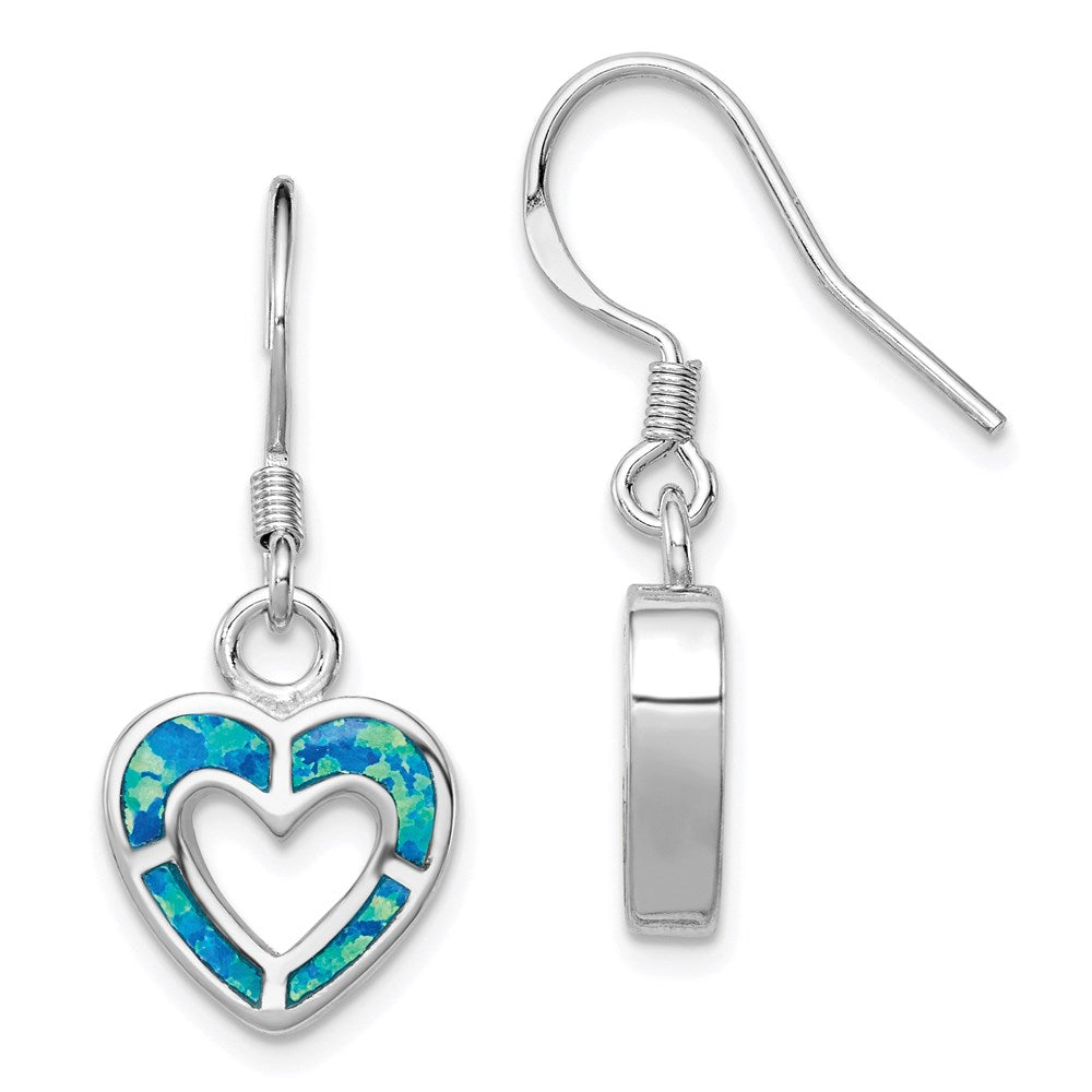 Sterling Silver RH-plated Blue Created Opal Inlay Heart Dangle Earrings