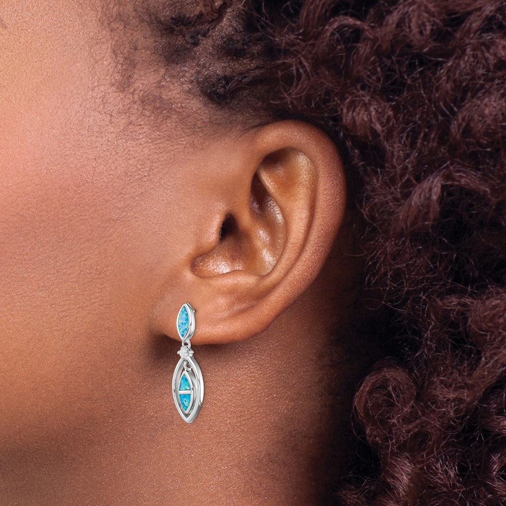 Sterling Silver RH-plated CZ & Blue Cr. Opal Marquise Post Dangle Earrings