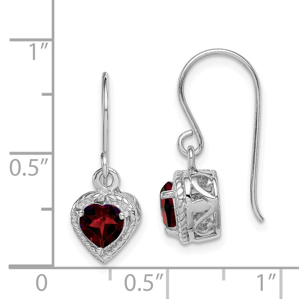 Sterling Silver Rhodium Plated Garnet Small Heart Earrings