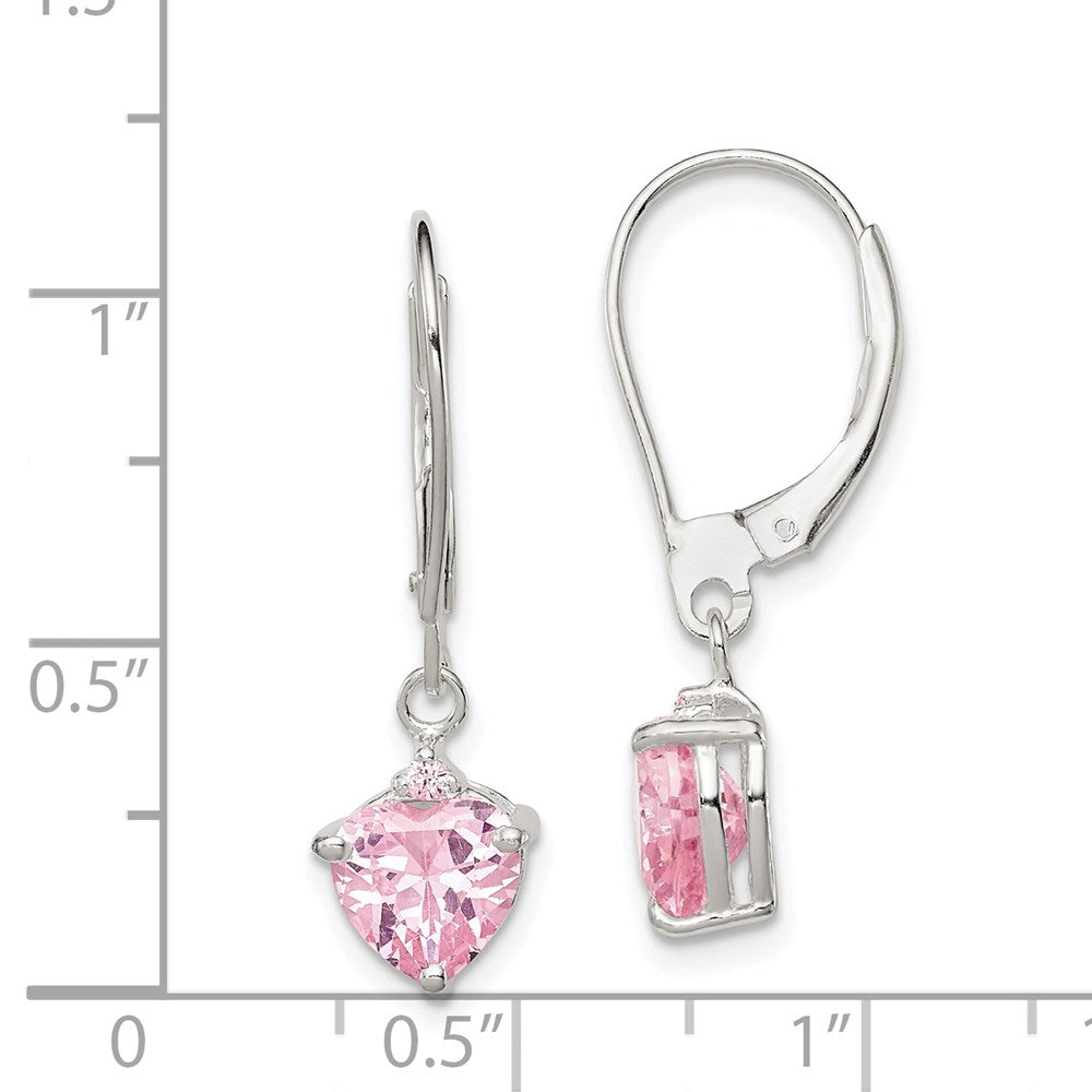 Sterling Silver Polished Pink CZ Heart Leverback Dangle Earrings