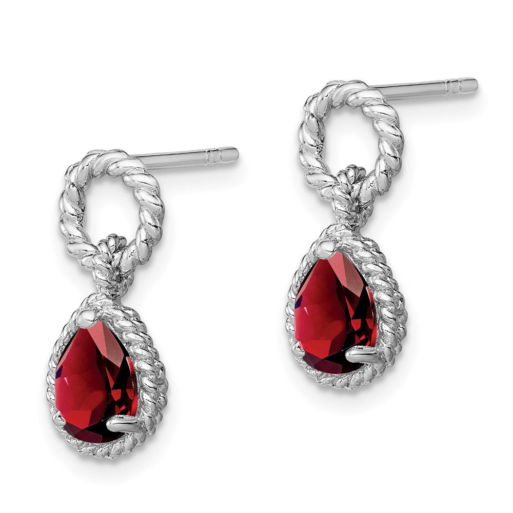 Sterling Silver Rhodium Plated Garnet Twisted Circle Post Earrings