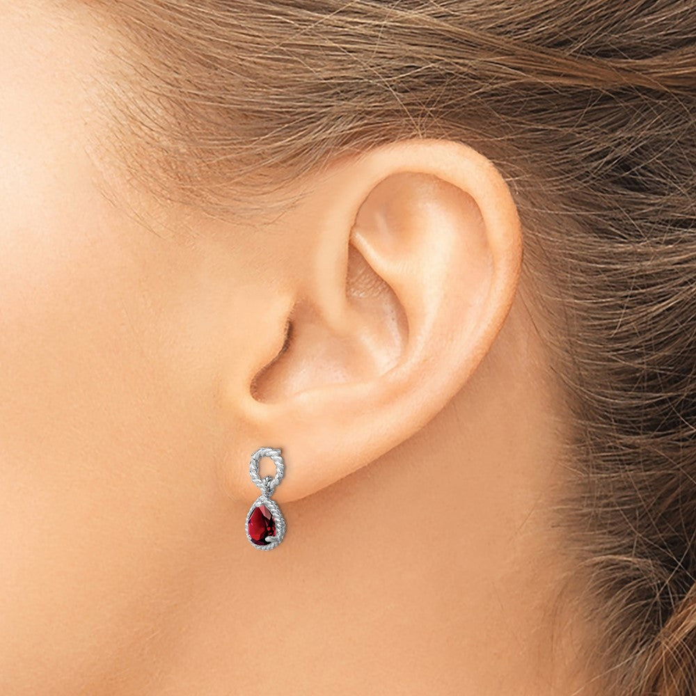 Sterling Silver Rhodium Plated Garnet Twisted Circle Post Earrings