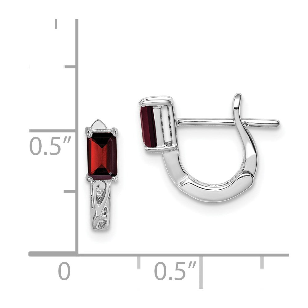 Sterling Silver Rhodium Plated Garnet Hinged Hoop Earrings