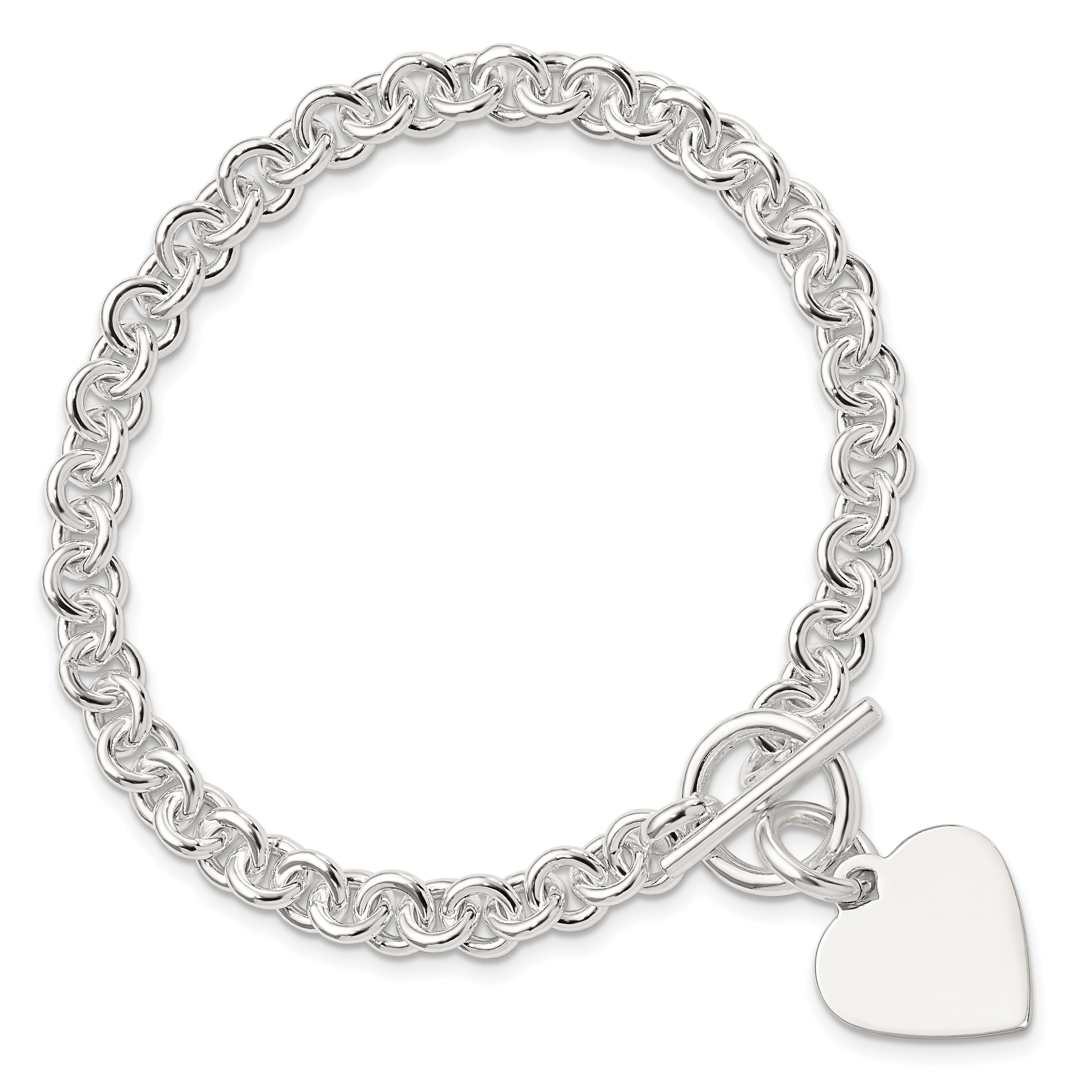 Sterling Silver Engraveable Heart Disc on Fancy Link Toggle 7.75in Bracelet