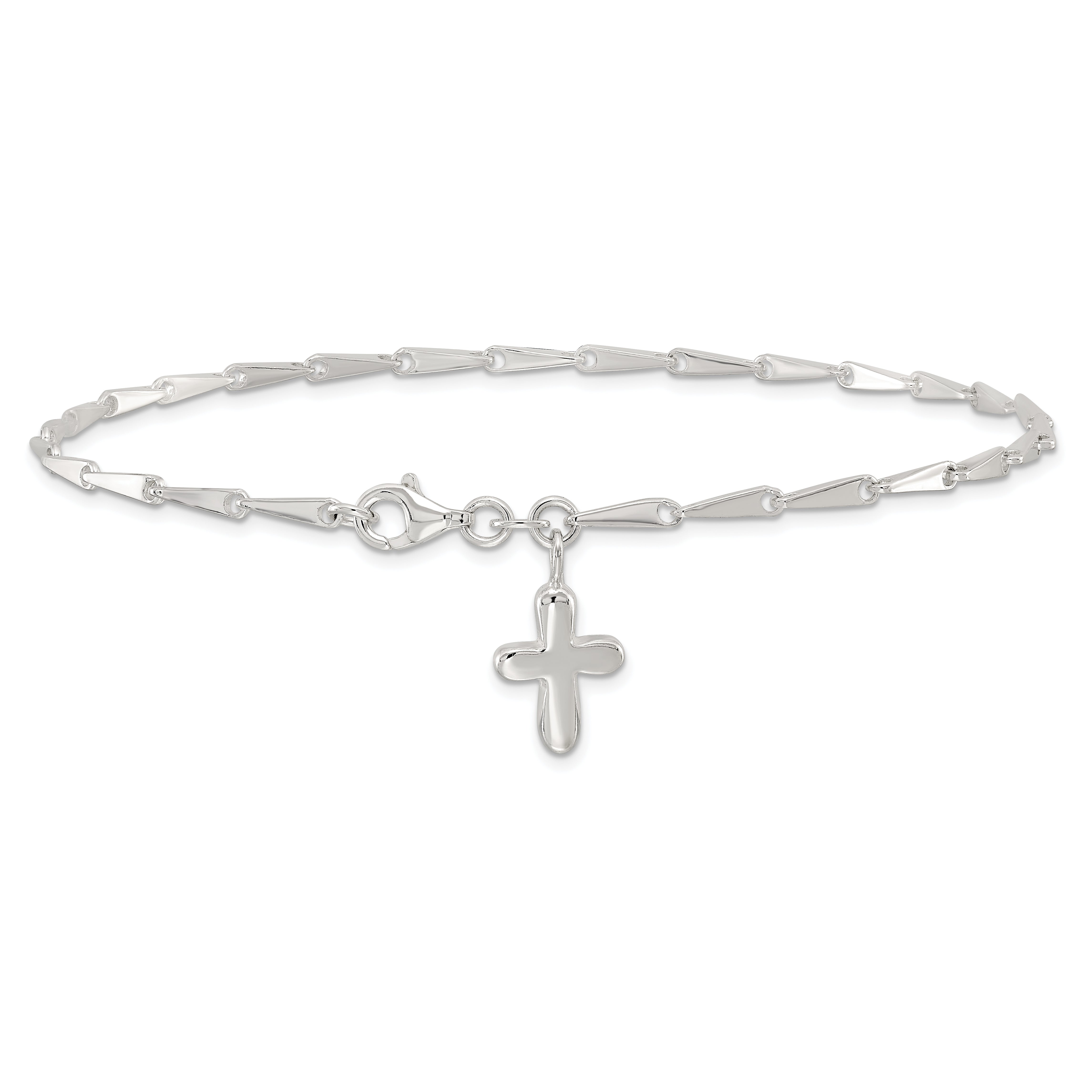 Sterling Silver 10 in Solid Polished Cross on Fancy Link Anklet