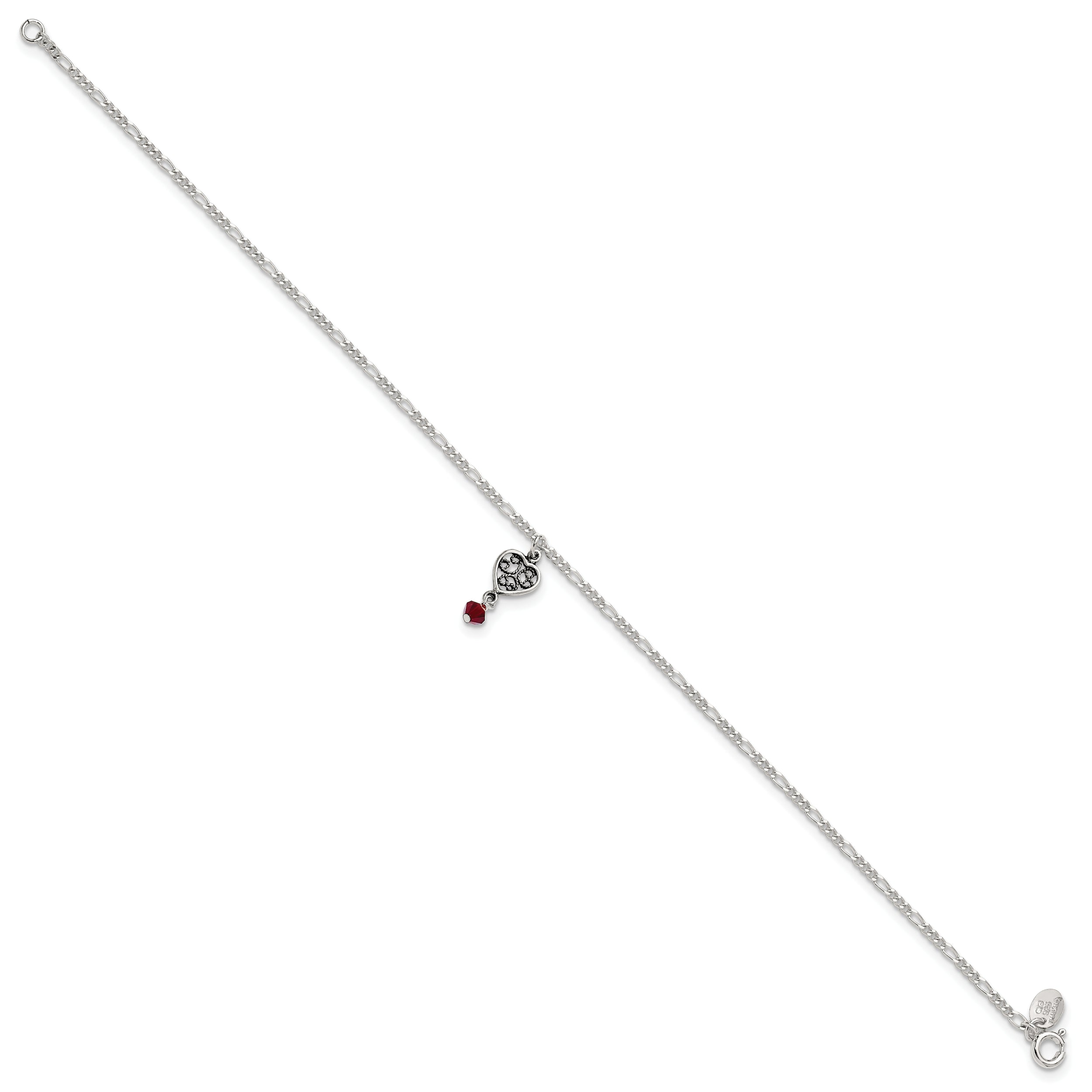 Sterling Silver Dark Pink Crystal Dangling Antiqued Heart 10 inch Anklet