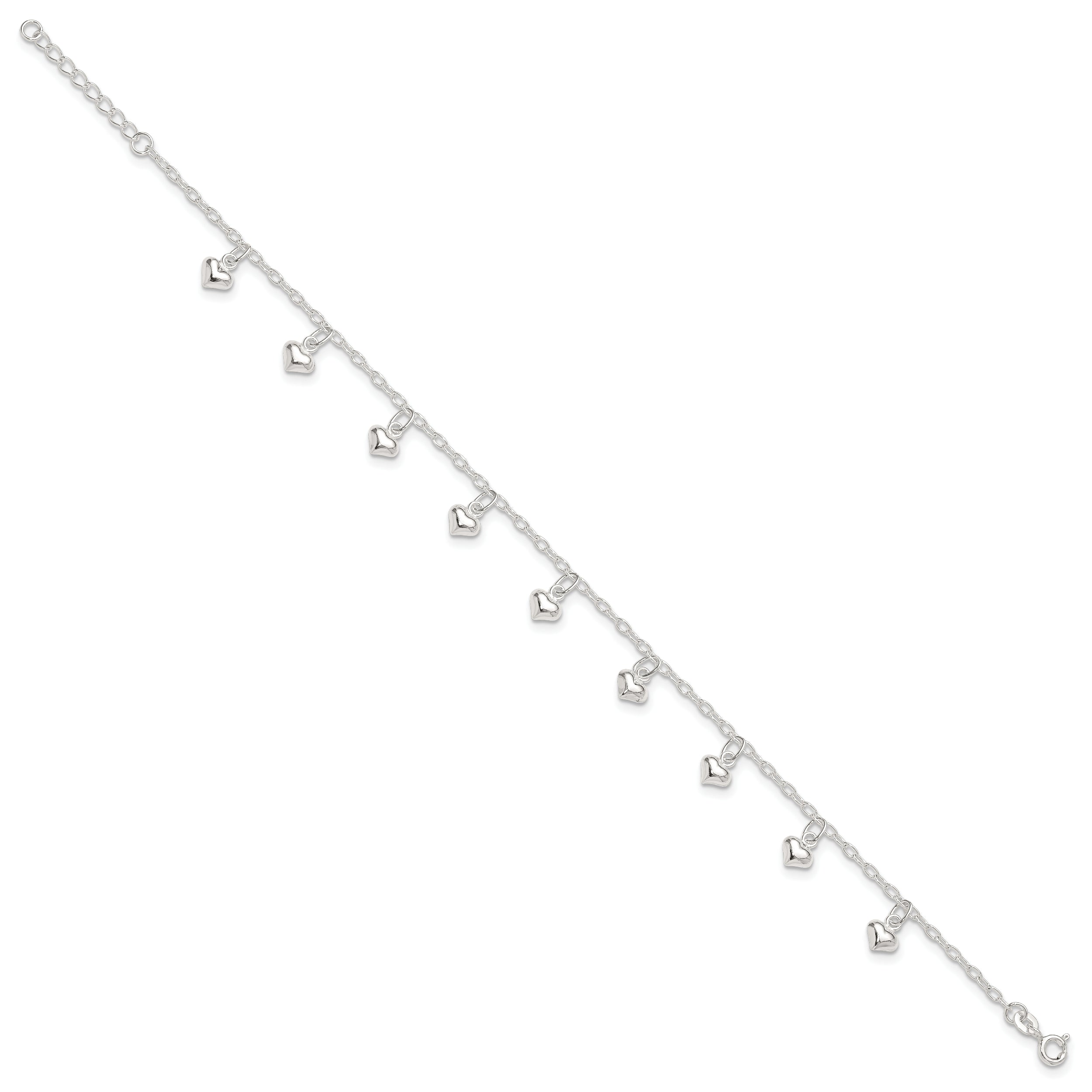 Sterling Silver 9inch Plus 1in Ext Polished Puffed Heart Anklet