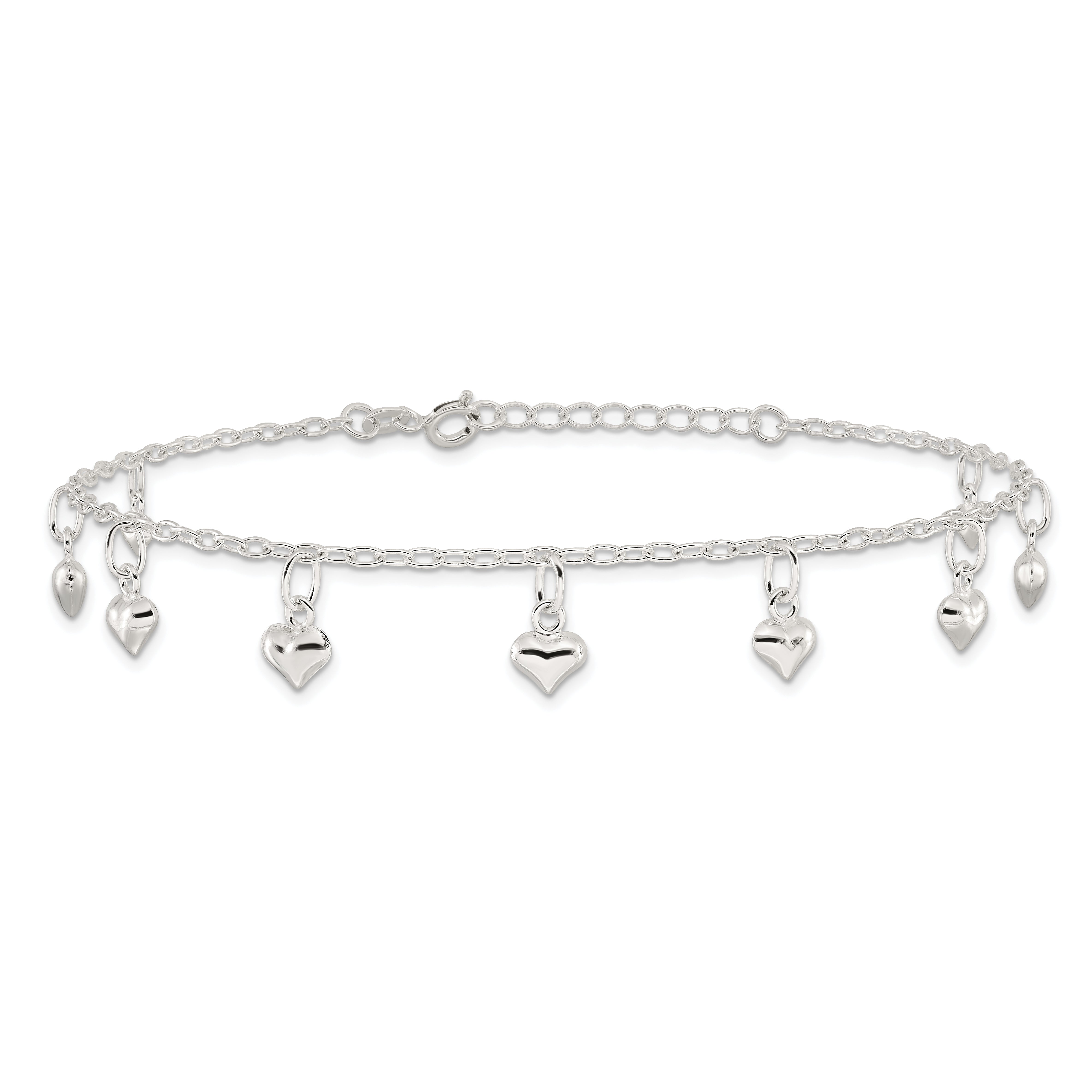 Sterling Silver 9inch Plus 1in Ext Polished Puffed Heart Anklet
