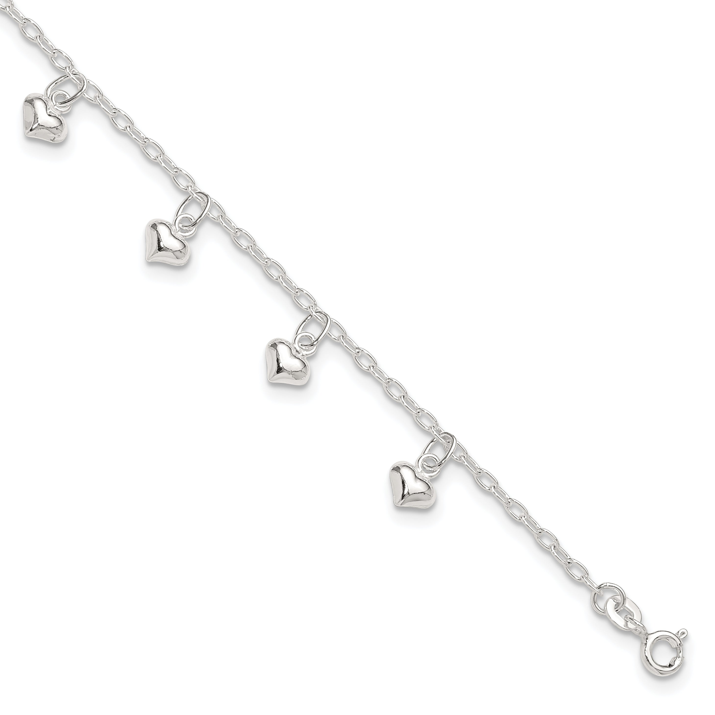 Sterling Silver 9inch Plus 1in Ext Polished Puffed Heart Anklet