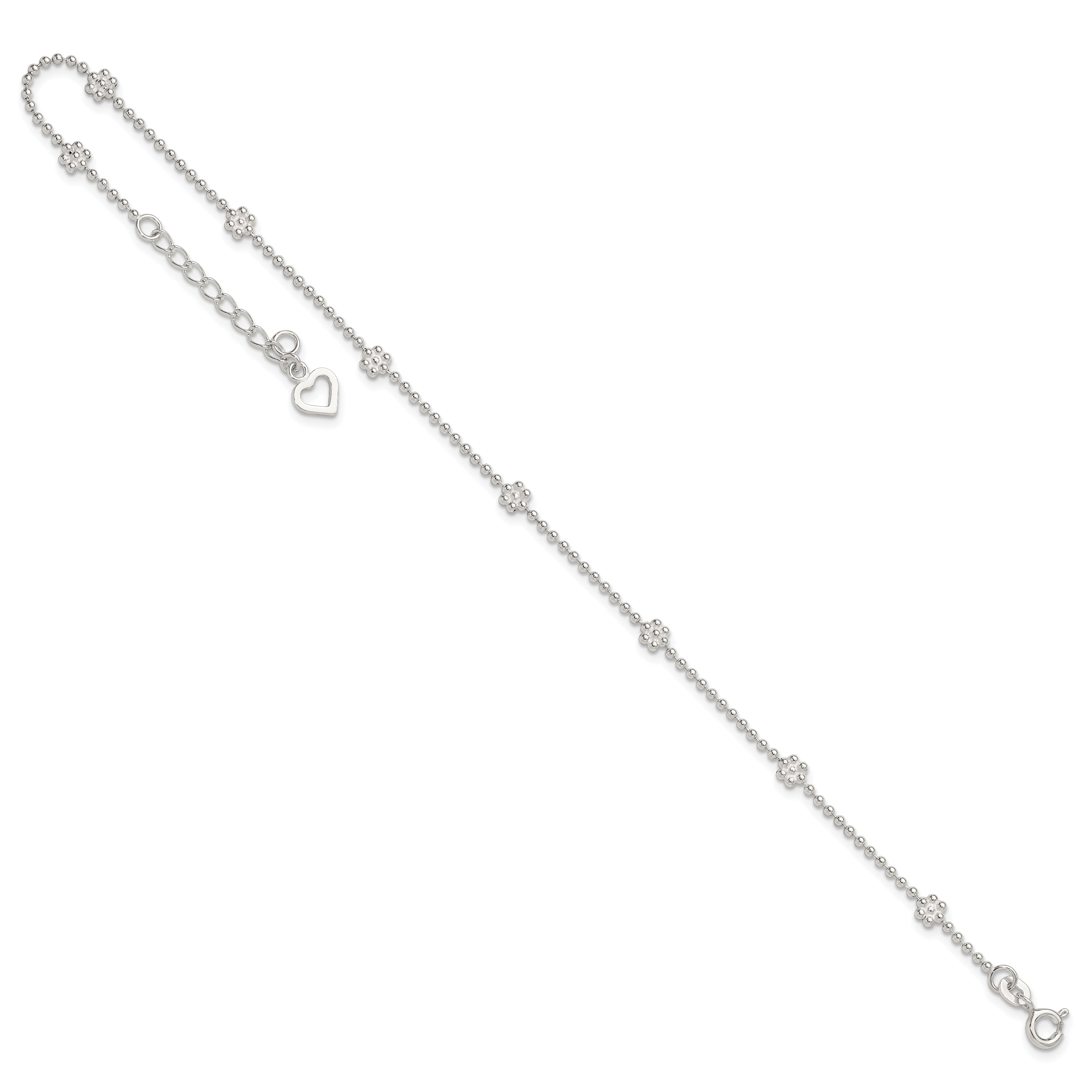 Sterling Silver 9in Plus 1in ext Polished Flower Anklet