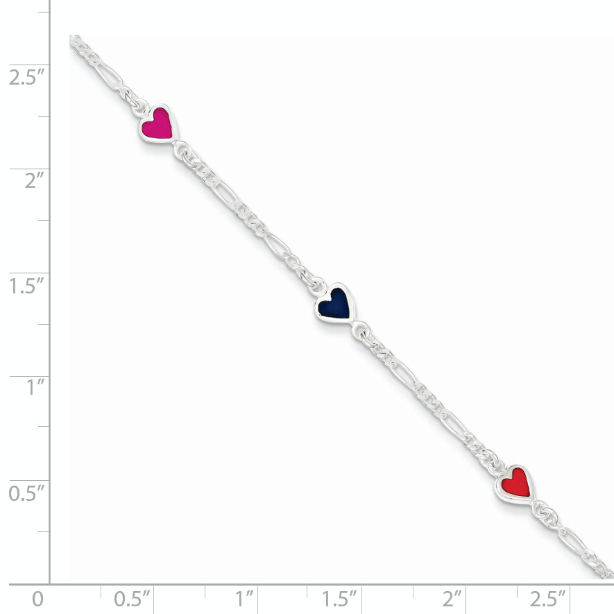 Sterling Silver Polished & Multi-color Enameled Hearts with 1 Inch Extension Children's Bracelet