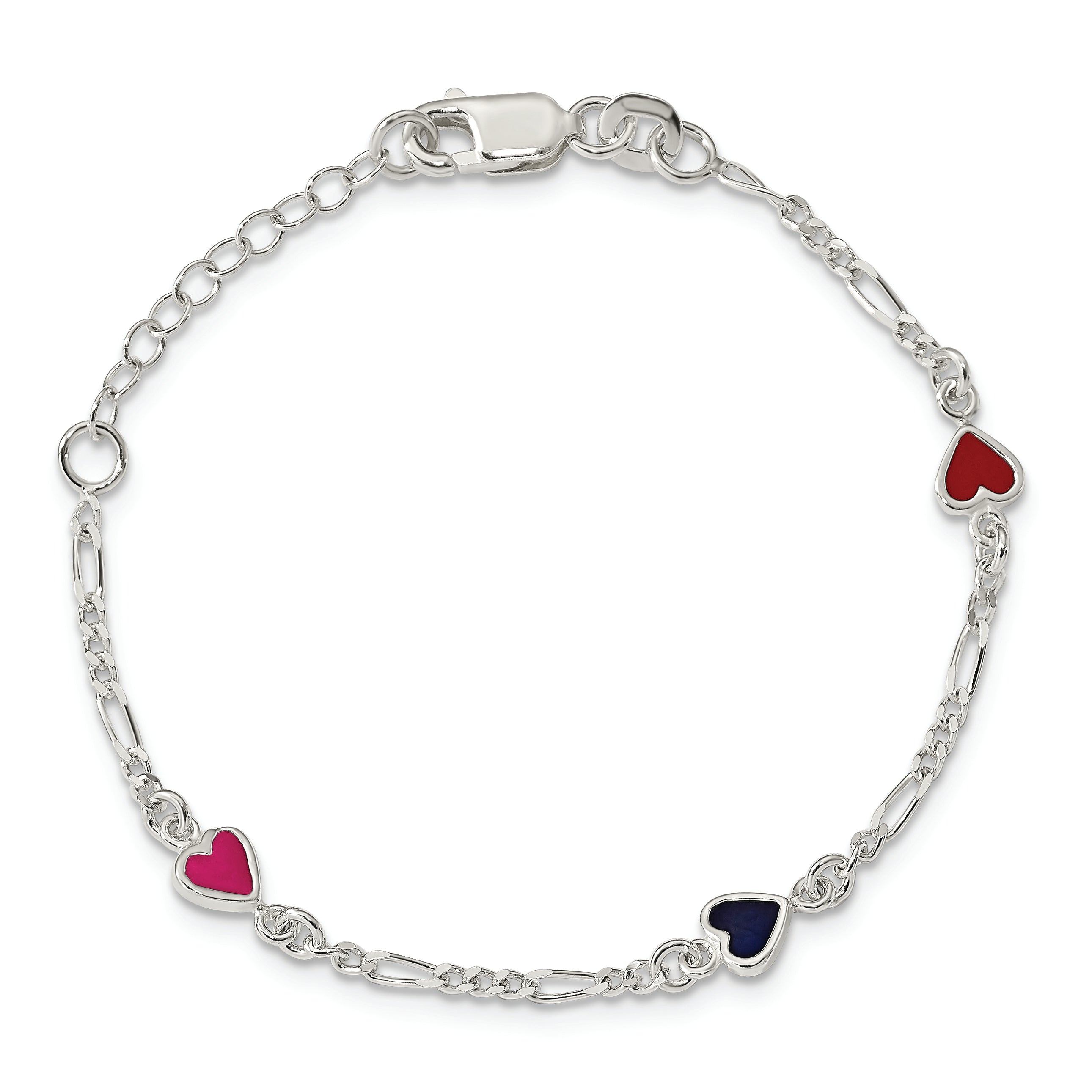 Sterling Silver Polished & Multi-color Enameled Hearts with 1 Inch Extension Children's Bracelet