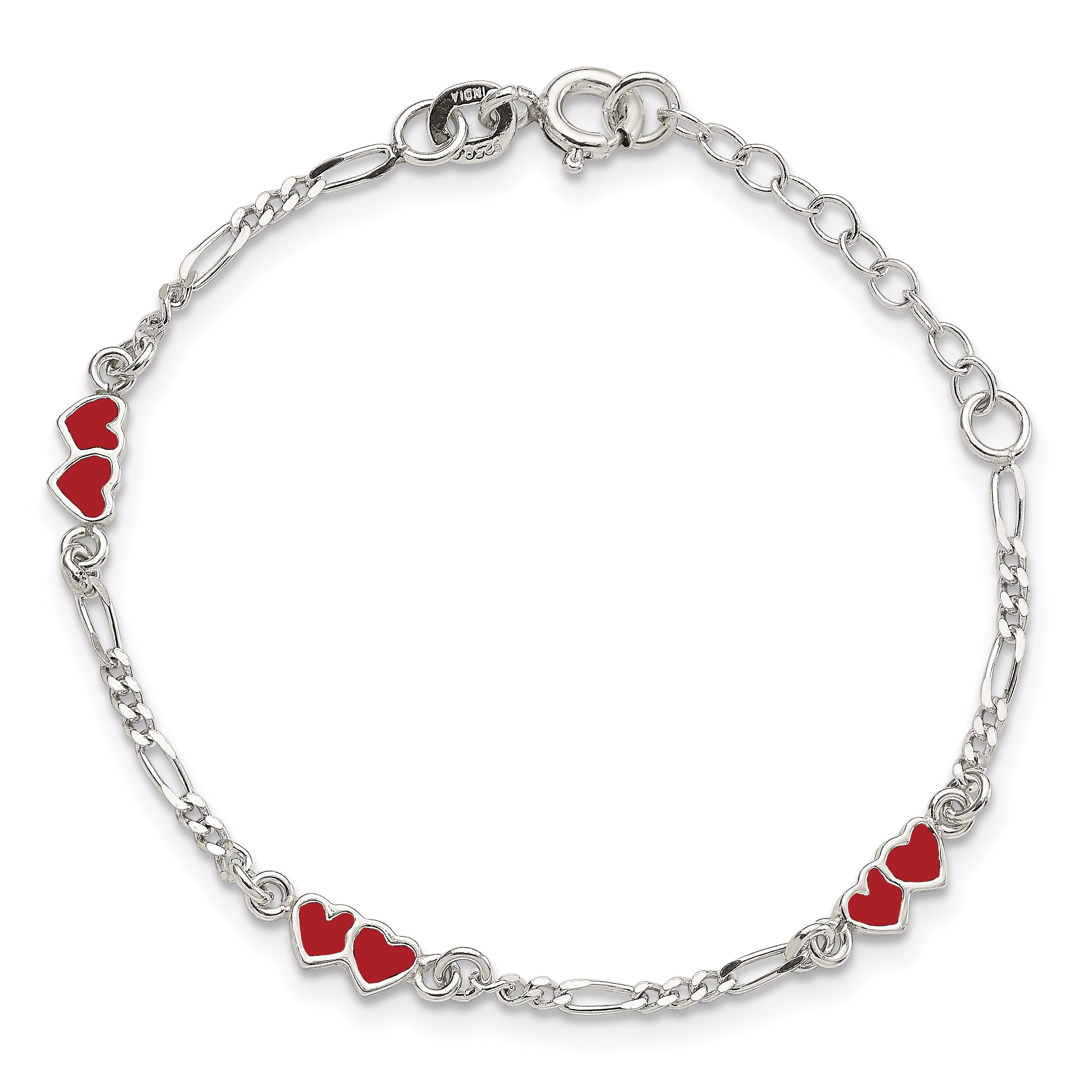 Sterling Silver Polished & Red Enameled Double Heart with 1 Inch Extension Children's Bracelet